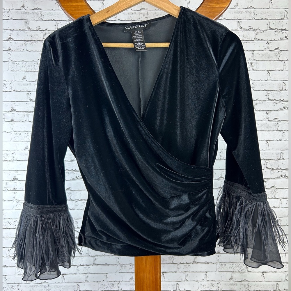 Cachet | Black Velvet v neck Top with Feathered Sleeves size S